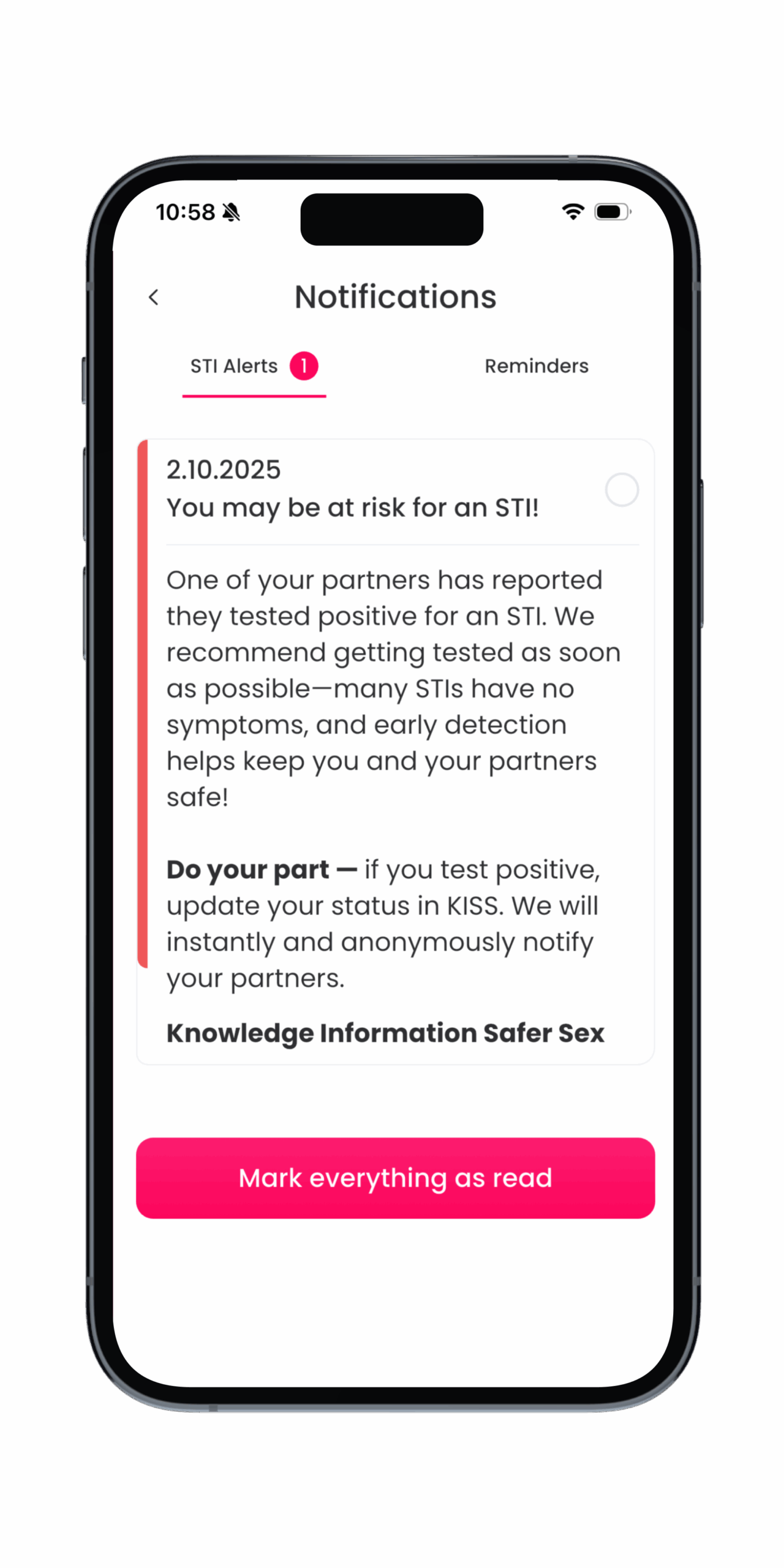 KISS sexual health app displaying a private anonymous STI notification
