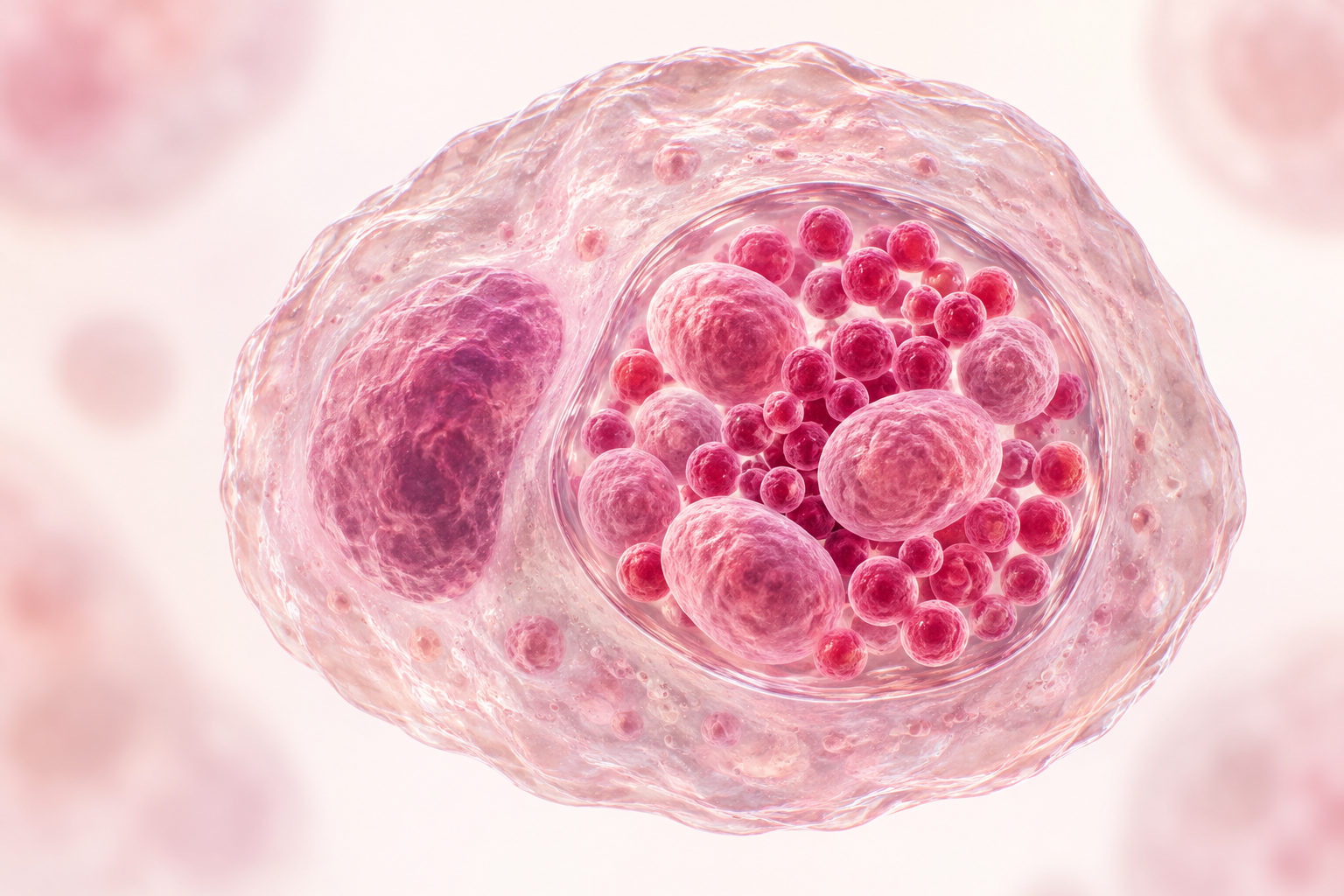 Illustrative rendering of Chlamydia trachomatis bacteria developing inside a human host cell