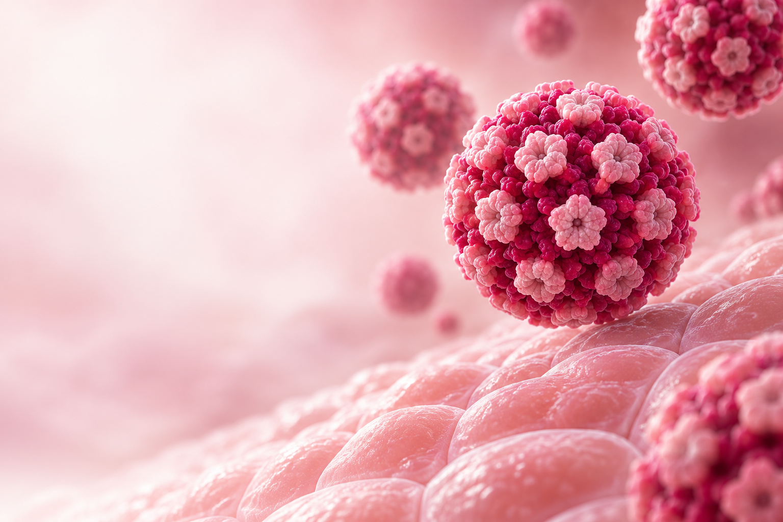Scientific 3D rendering of human papillomavirus particles near epithelial cells